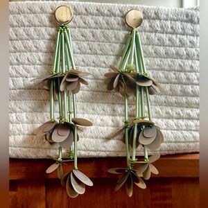 Olive Green, Tan , & gold 3D Floral Dangle Earrings. Post back.  Approx 6”